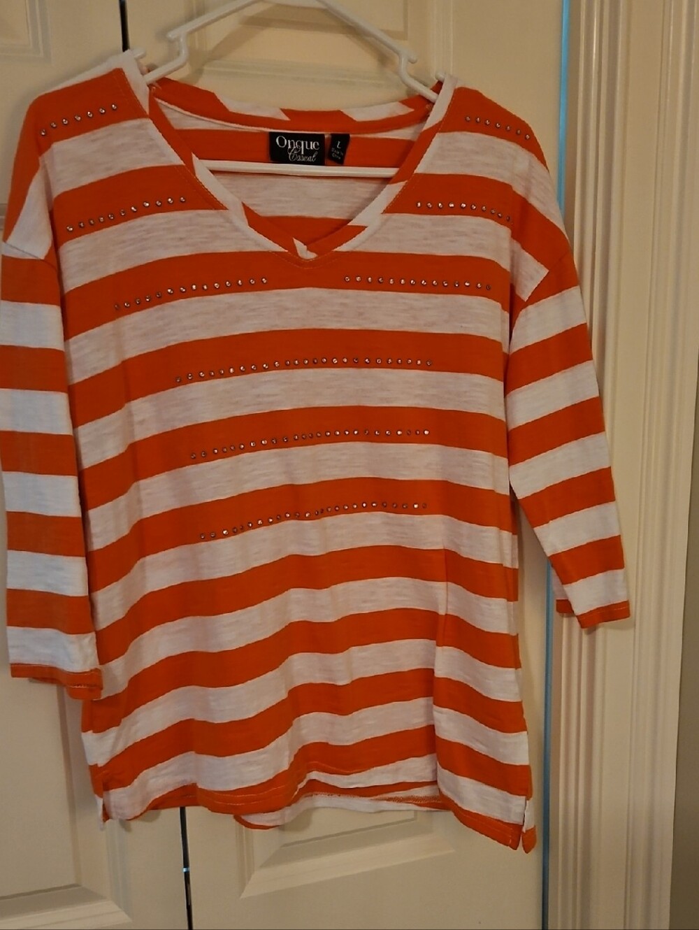 Onque Casuals Orange and White Striped V‑Neck Long Sleeve Top With Studs